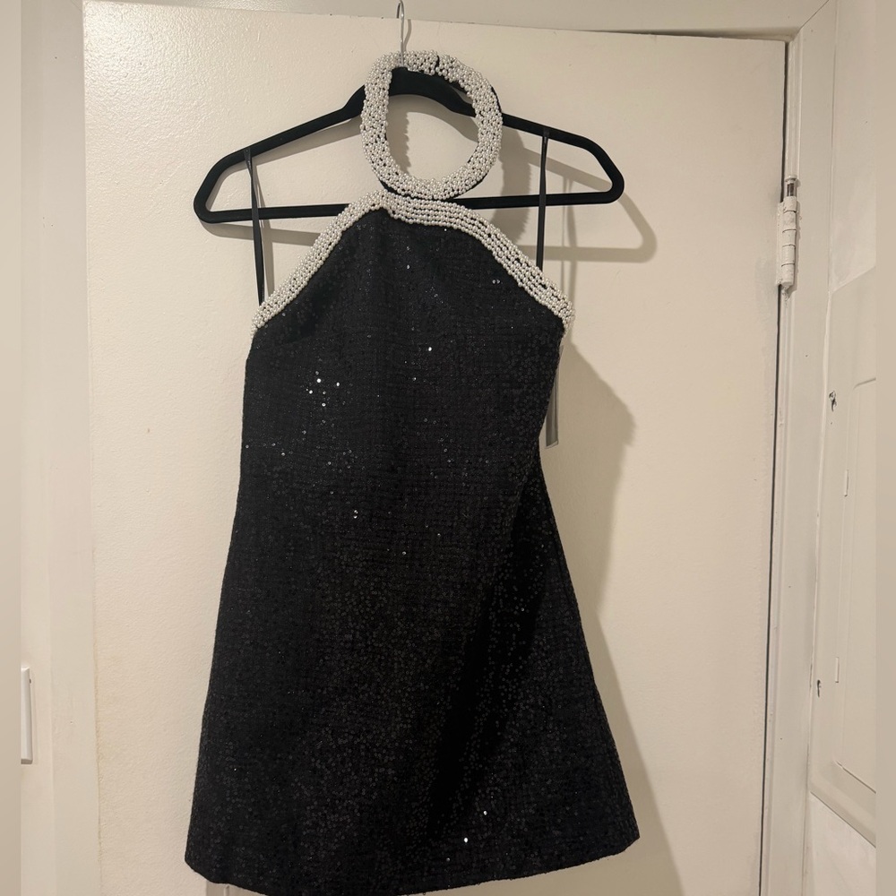 Self Portrait Black Tweed Halter Dress with Pearl Accents